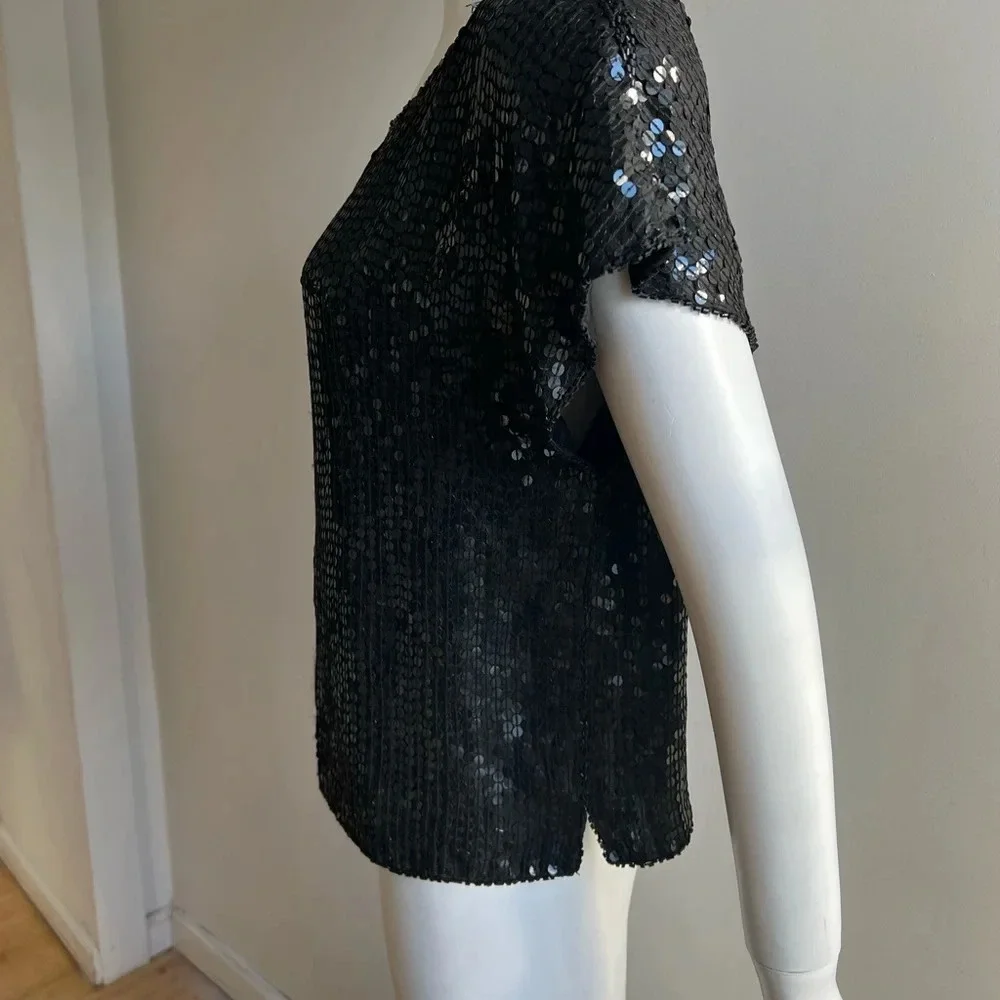 Shimmer New York Sequence Black Padded Shoulders  100% Silk Top M NWT - Picture 3 of 9